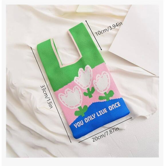Knit Knot Handbag YOLO Small Tulips You Only Live Once HUIHUO Purse - Picture 8 of 8